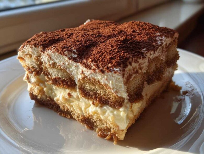 A close-up of a perfect slice of tiramisu recipe, showing layers of cream and coffee-soaked ladyfingers, dusted with cocoa.