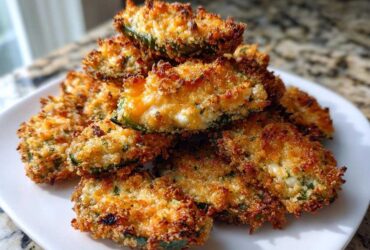 A pile of golden brown, baked Jalapeño poppers with a crispy coating served on a white plate.