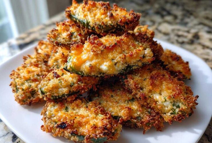 A pile of golden brown, baked Jalapeño poppers with a crispy coating served on a white plate.