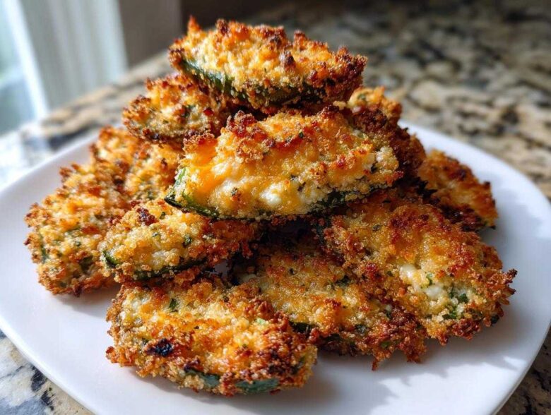 A pile of golden brown, baked Jalapeño poppers with a crispy coating served on a white plate.