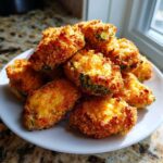 A pile of golden brown, baked Jalapeño poppers with melted cheese topping on a white plate.