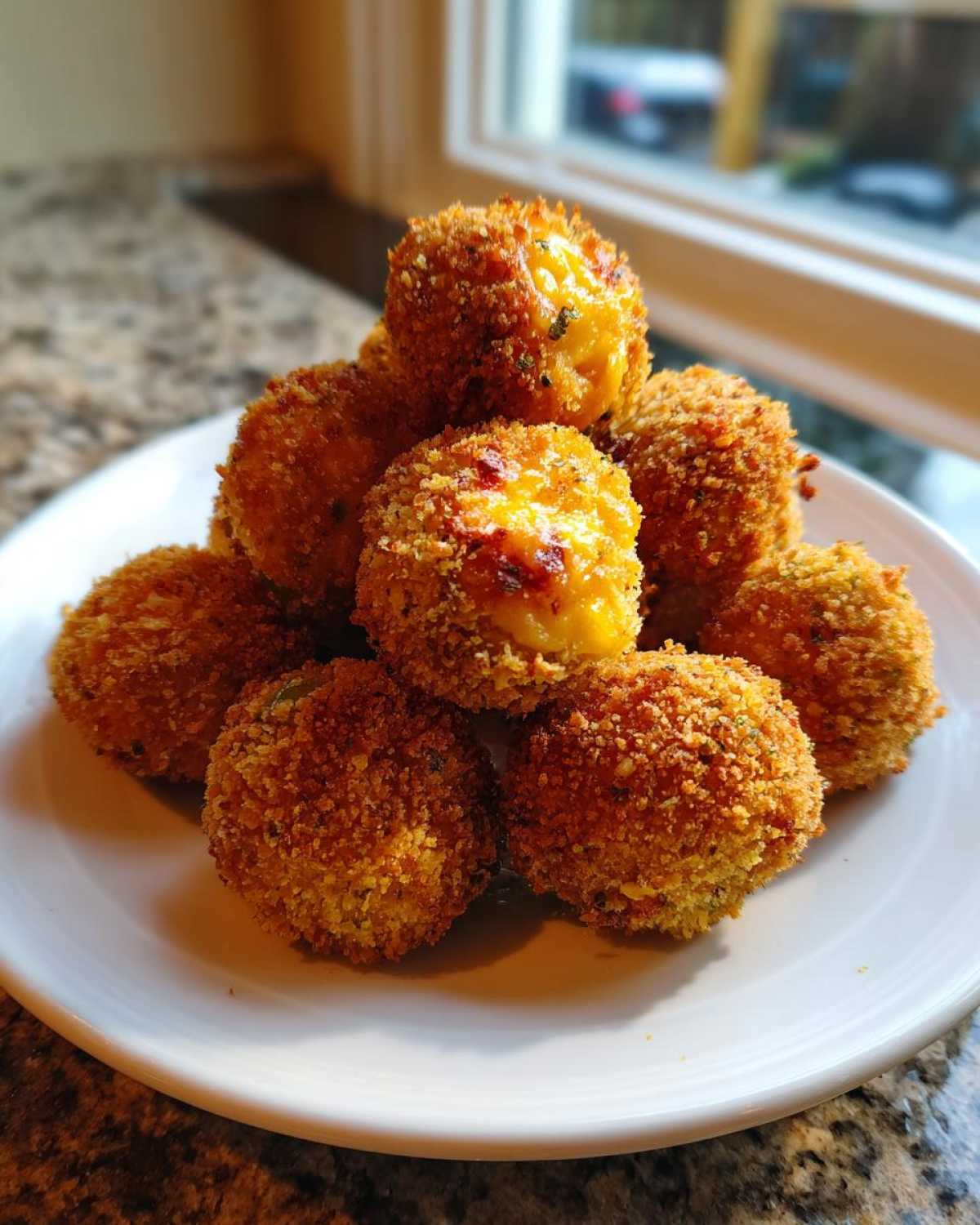 A stack of golden brown, crispy baked Jalapeño poppers piled high on a white plate.