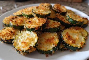 A pile of golden brown, crispy baked parmesan zucchini slices served on a white plate.