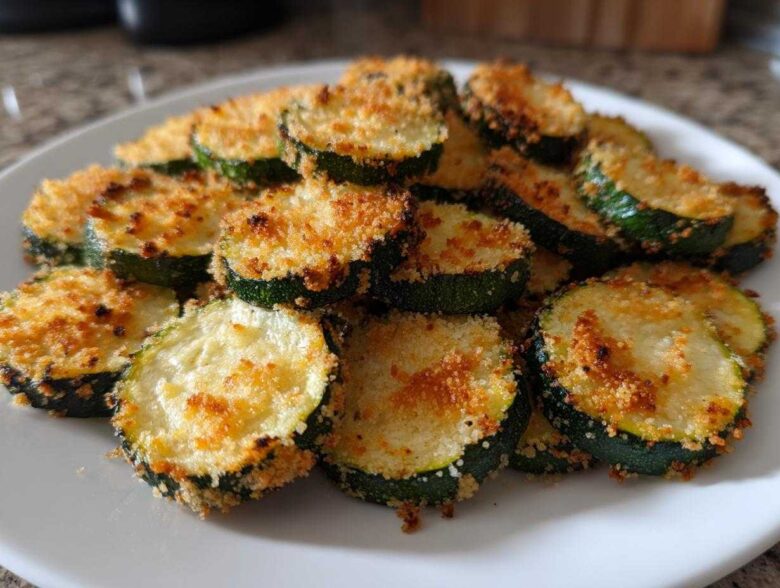 A pile of golden brown, crispy baked parmesan zucchini slices served on a white plate.