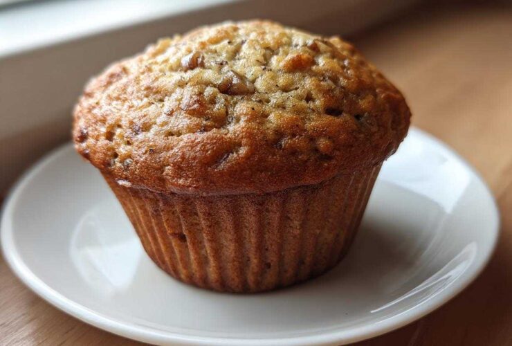 A close-up of a freshly baked, golden-brown banana protein muffin sitting on a small white saucer.