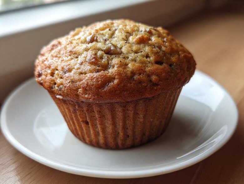 A close-up of a freshly baked, golden-brown banana protein muffin sitting on a small white saucer.