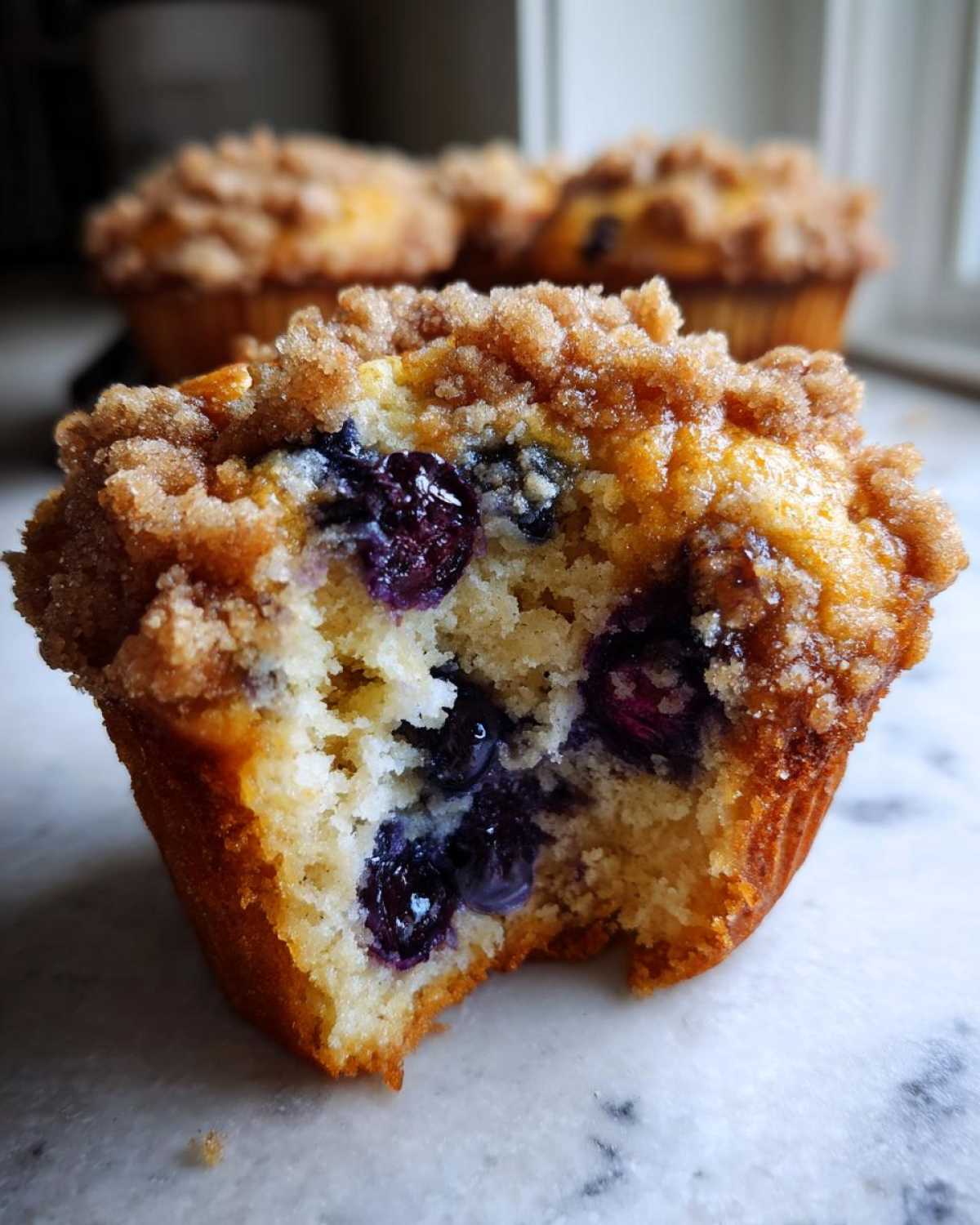 A close-up, bitten view of a moist blueberry muffin featuring juicy berries and a crunchy cinnamon streusel topping.