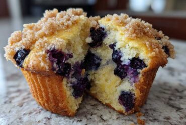 Close-up of a moist blueberry muffin split in half, showing the interior packed with blueberries and a sugary crumb topping.