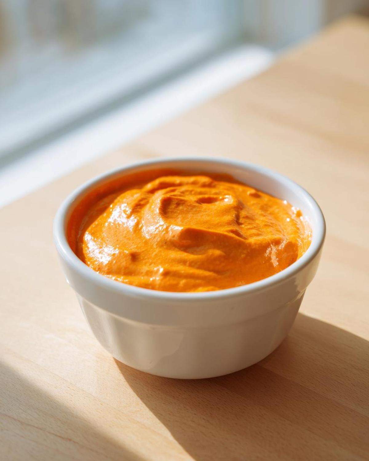 A small white bowl filled with bright orange, creamy nacho cheese sauce, sitting on a sunlit wooden surface.