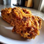 Close-up of two pieces of golden-brown, crispy buttermilk fried chicken resting on a white plate.