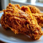 Close-up of a piece of golden brown, extra crispy buttermilk fried chicken on a white plate.