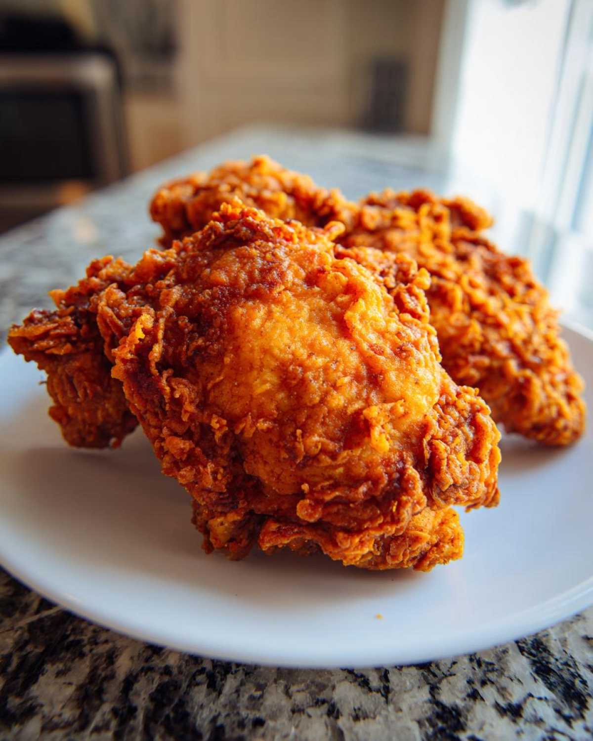 Close-up of three pieces of golden brown, crispy buttermilk fried chicken resting on a white plate.