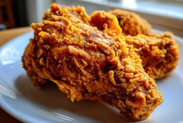 Close-up of a piece of golden brown, extra crispy buttermilk fried chicken on a white plate.