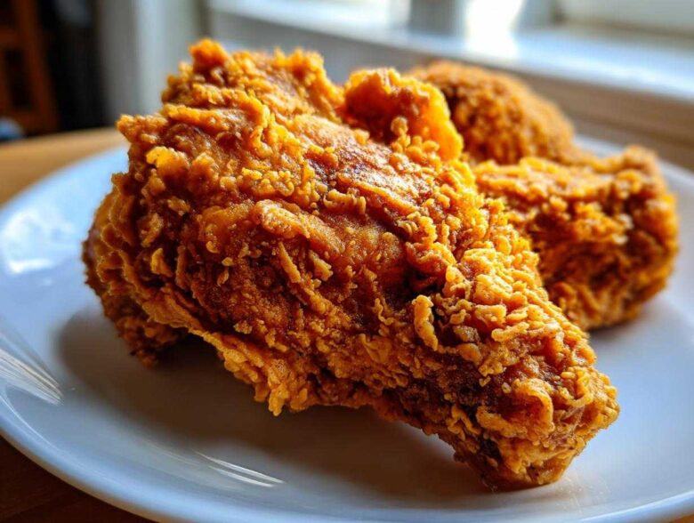 Close-up of a piece of golden brown, extra crispy buttermilk fried chicken on a white plate.
