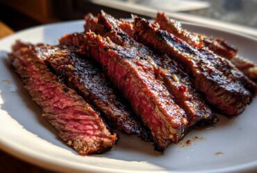 Close-up of medium-rare sliced steak showing a glistening, dark crust, likely from a carne asada marinade.
