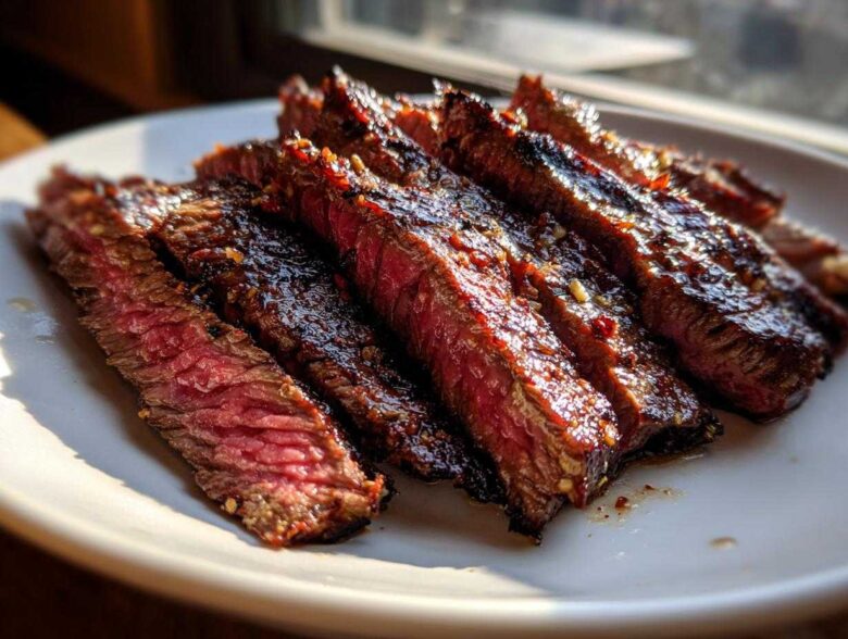 Close-up of medium-rare sliced steak showing a glistening, dark crust, likely from a carne asada marinade.