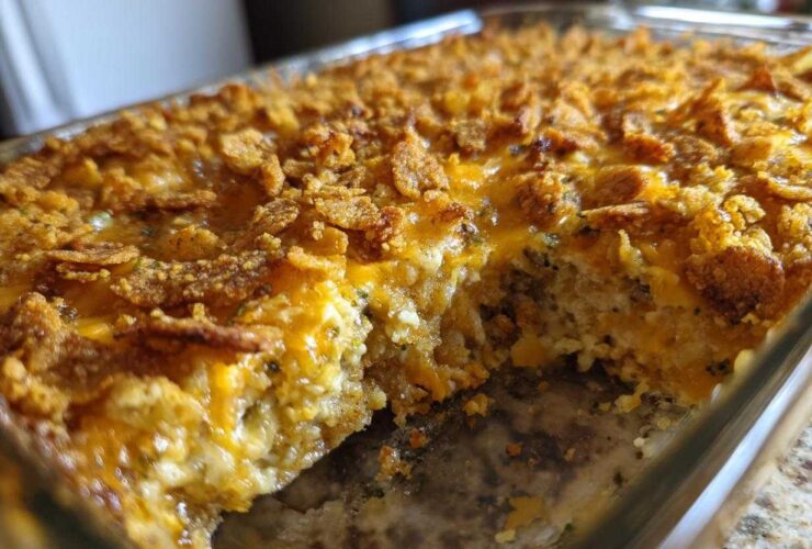 A close-up view of a baked Broccoli casserole in a glass dish, featuring a melted cheese layer and a crunchy, golden cornflake topping.