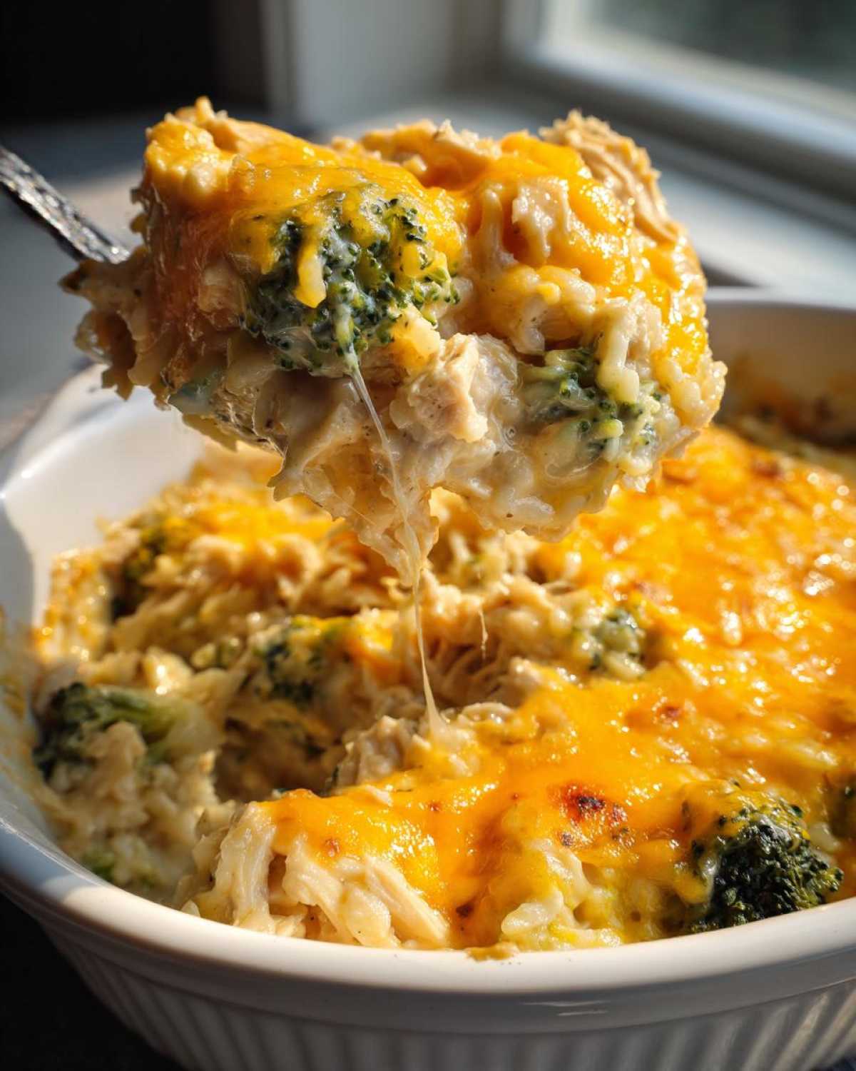 A spoonful of cheesy chicken and rice casserole being lifted from a white dish, showing melted cheese strings.