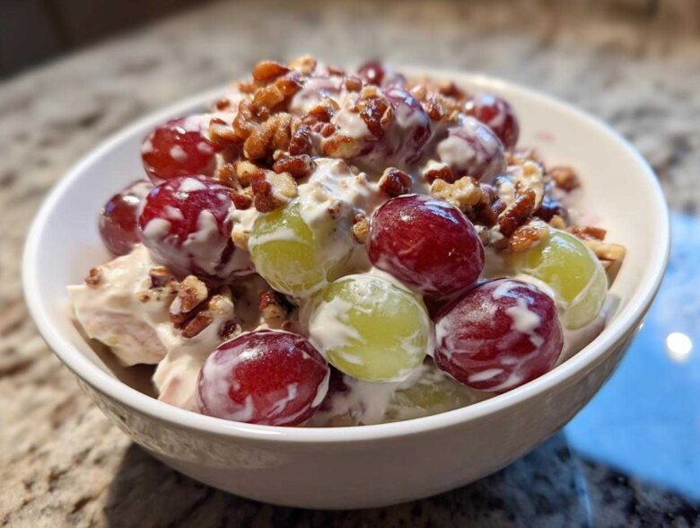 Close-up of creamy chicken salad chick grape salad topped with pecans in a white bowl.
