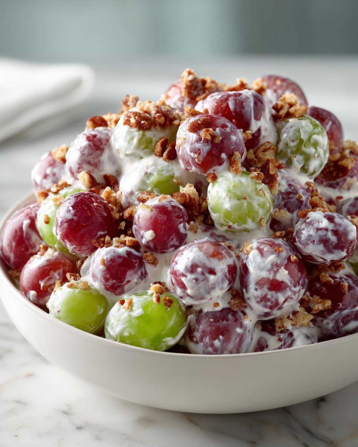 A bowl filled with creamy chicken salad chick grape salad, featuring red and green grapes coated in dressing and topped with pecans.