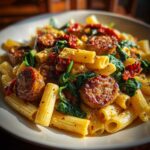 A close-up, appetizing shot of creamy chicken sausage pasta mixed with wilted spinach and sun-dried tomatoes.