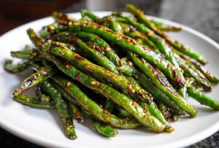A pile of blistered, glossy chinese green beans with garlic sauce and sesame seeds on a white plate.