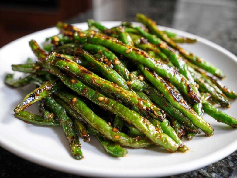 A pile of blistered, glossy chinese green beans with garlic sauce and sesame seeds on a white plate.