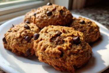 Four golden brown breakfast cookie rounds studded with chocolate chips resting on a white plate near a window.