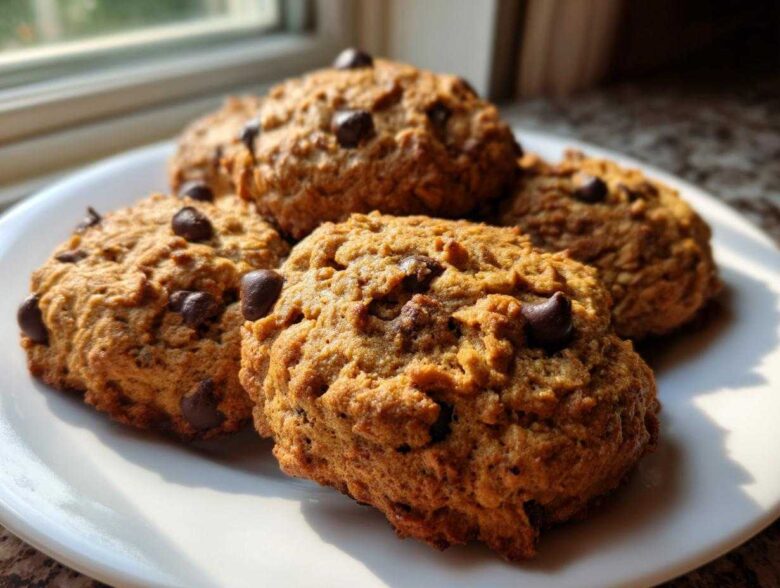 Four golden brown breakfast cookie rounds studded with chocolate chips resting on a white plate near a window.