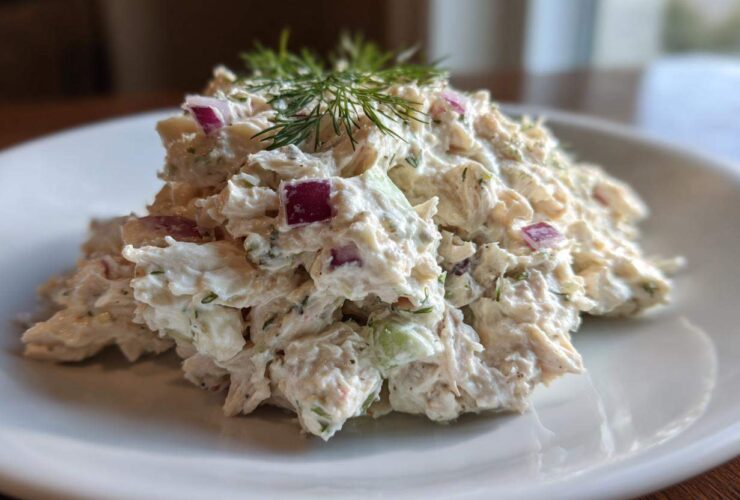 A mound of creamy cottage cheese chicken salad mixed with red onion and topped with fresh dill, served on a white plate.
