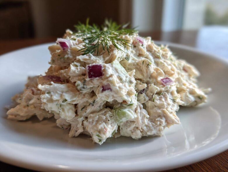 A mound of creamy cottage cheese chicken salad mixed with red onion and topped with fresh dill, served on a white plate.