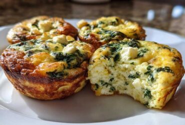 Four golden-brown Cottage Cheese Egg Cups With Spinach & Feta on a white plate, one is bitten into.
