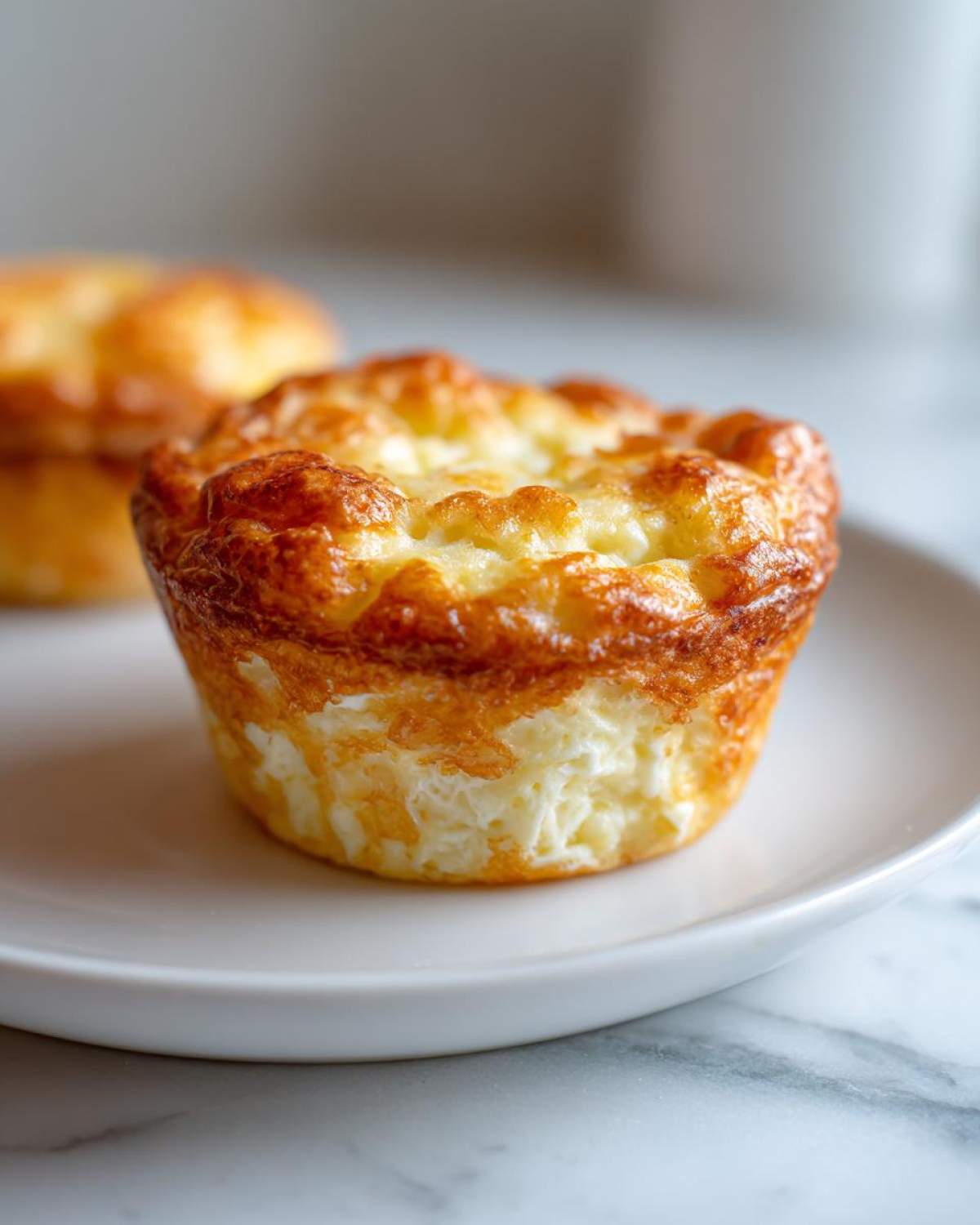 Close-up of a perfectly baked cottage cheese egg cups starbucks style on a white plate.