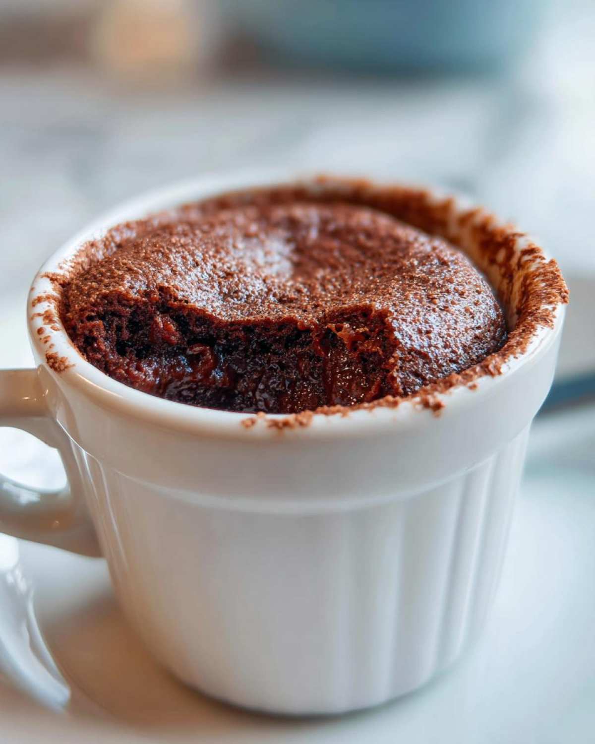 Close-up of a rich, dark chocolate Cottage Cheese Microwave Brownie baked in a white ramekin.