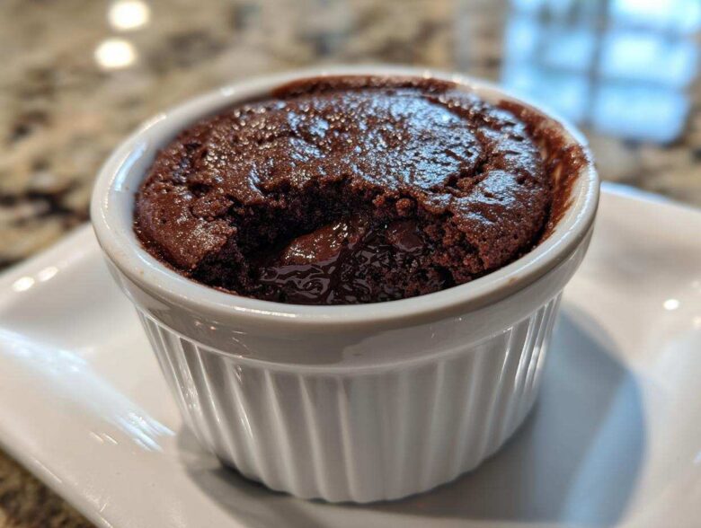 Close-up of a warm Cottage Cheese Microwave Brownie with a molten center served in a white fluted ramekin.