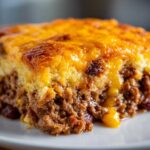 Close-up of a hearty slice of cowboy cornbread casserole showing a thick layer of seasoned meat filling topped with golden, melted cheddar cheese.