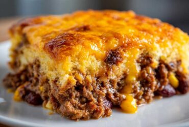 Close-up of a hearty slice of cowboy cornbread casserole showing a thick layer of seasoned meat filling topped with golden, melted cheddar cheese.