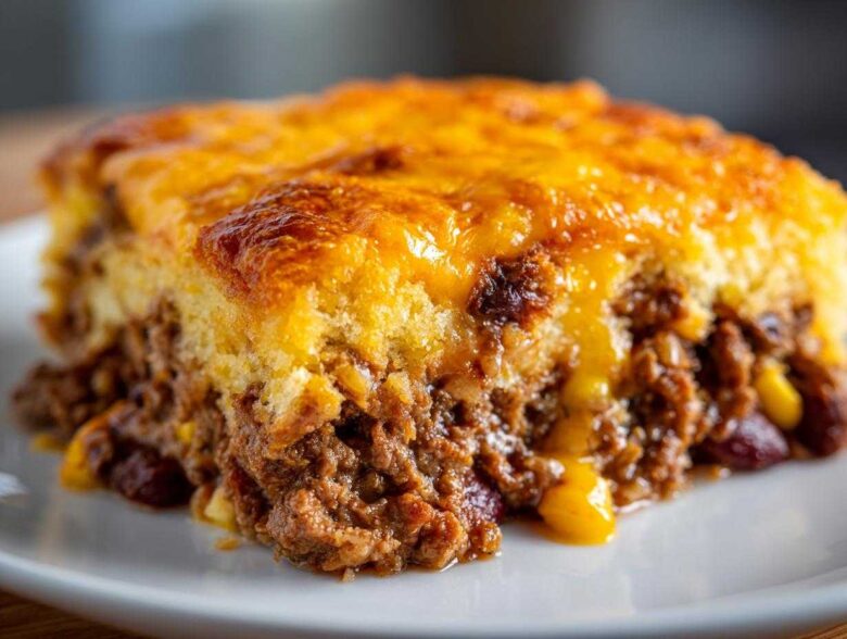 Close-up of a hearty slice of cowboy cornbread casserole showing a thick layer of seasoned meat filling topped with golden, melted cheddar cheese.