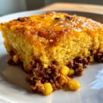 Close-up of a serving of cowboy cornbread casserole showing the moist, golden cornbread layer over a savory meat and corn filling.