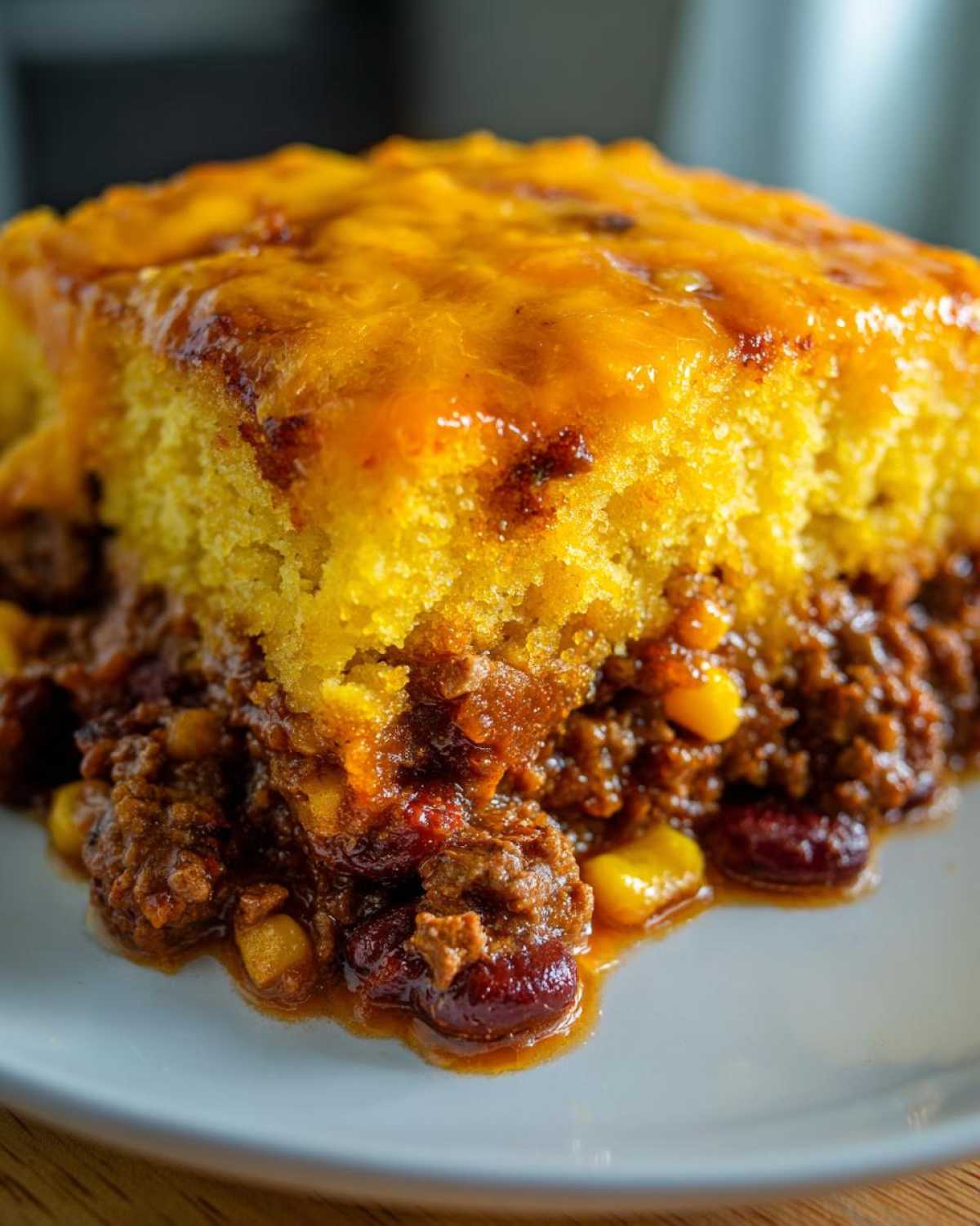 Close-up of a serving of cowboy cornbread casserole showing a thick, cheesy top layer over a hearty chili filling with beans and corn.