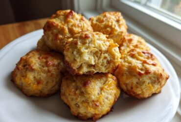 A pile of freshly baked cream cheese sausage balls with golden-brown tops served on a white plate.