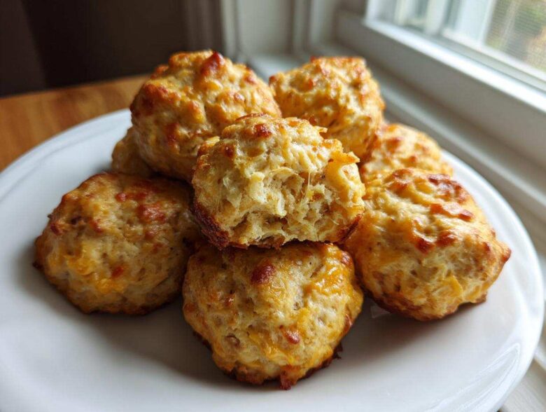 A pile of freshly baked cream cheese sausage balls with golden-brown tops served on a white plate.