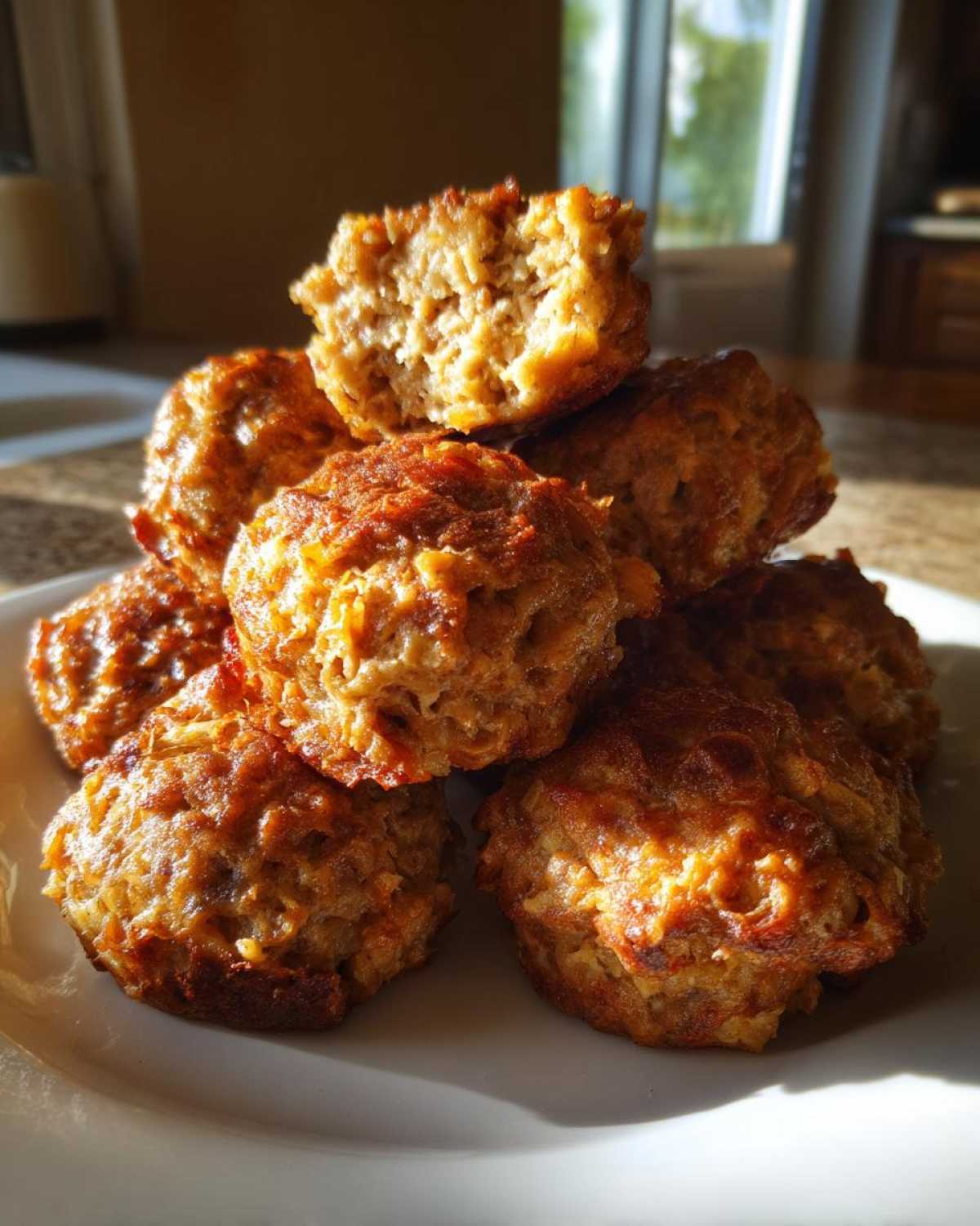 A stack of golden brown, baked cream cheese sausage balls, with one broken open showing the texture inside.