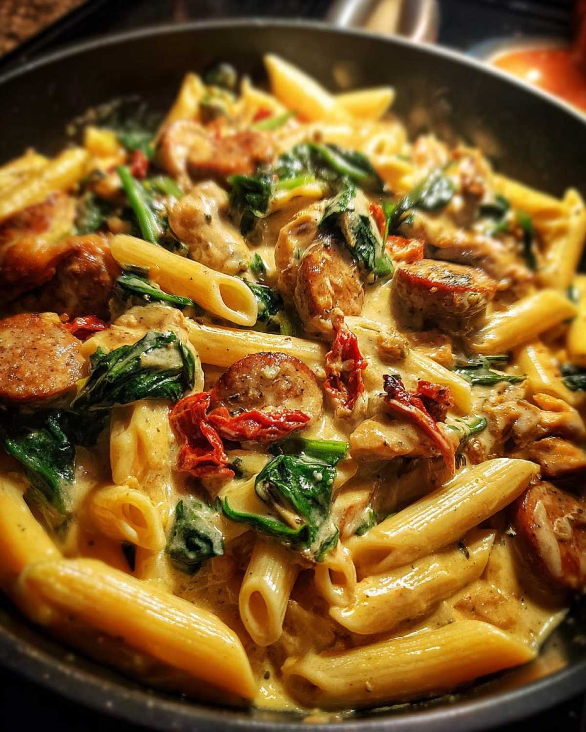 Close-up of creamy chicken sausage pasta with spinach and sun-dried tomatoes in a skillet.