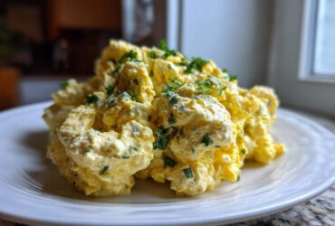 A generous scoop of creamy, yellow egg salad recipe garnished with fresh chopped parsley on a white plate.