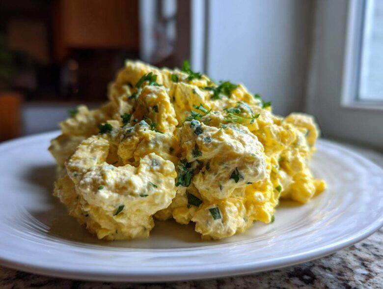 A generous scoop of creamy, yellow egg salad recipe garnished with fresh chopped parsley on a white plate.