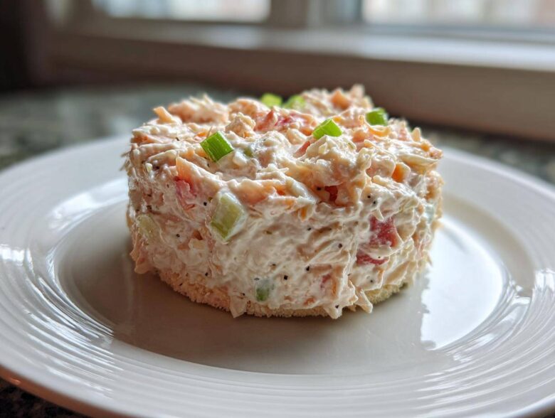 A perfectly molded serving of creamy ham salad with visible celery and red pepper pieces, served on a slice of bread.