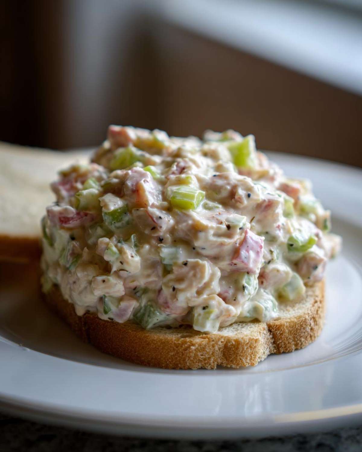 Close-up of a generous scoop of creamy ham salad piled high on a slice of toasted bread.