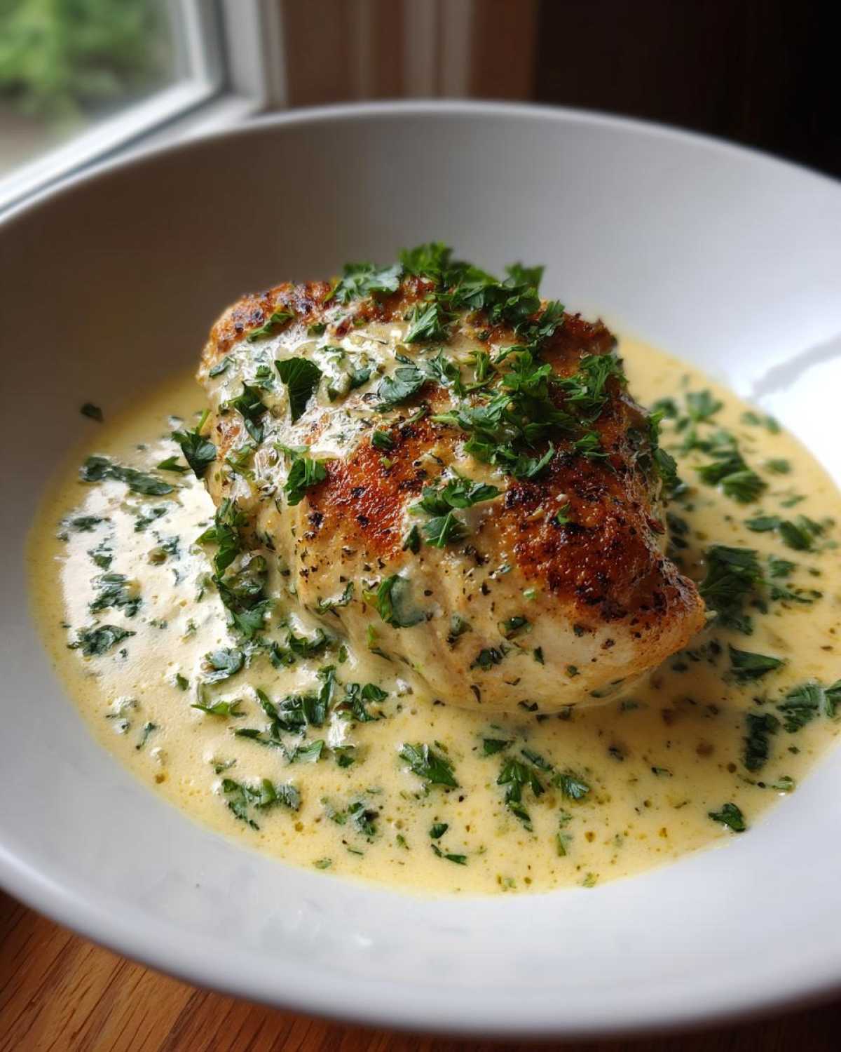 A golden-brown seared chicken breast swimming in a rich, creamy lemon sauce and topped with fresh parsley.