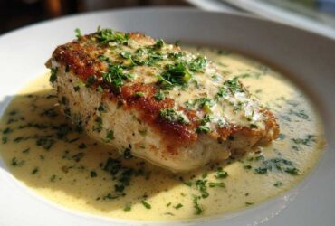 A golden-brown seared chicken breast swimming in a rich, creamy lemon sauce, garnished with fresh parsley.